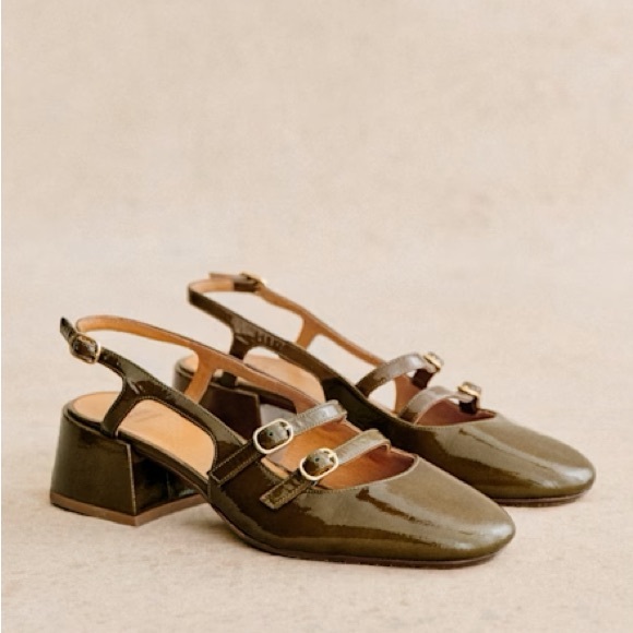 Sezane Paula babies patent olive leather Mary Jane sling back shoes - Picture 1 of 11